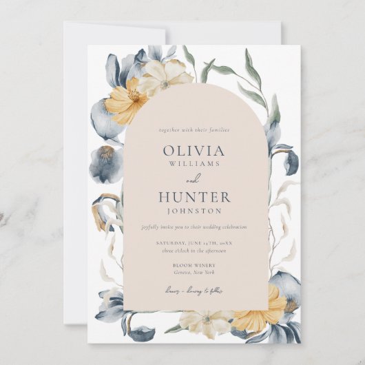 Elegant Waterverf Floral Blue Wedding Kaart (Voorkant)