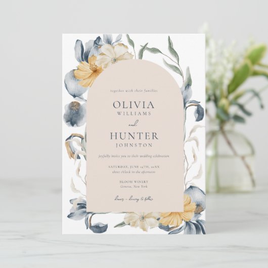 Elegant Waterverf Floral Blue Wedding Kaart (Staand voorkant)