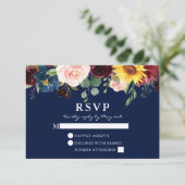 Elegant Waterverf Floral Blue Wedding RSVP Kaartje (Staand voorkant)