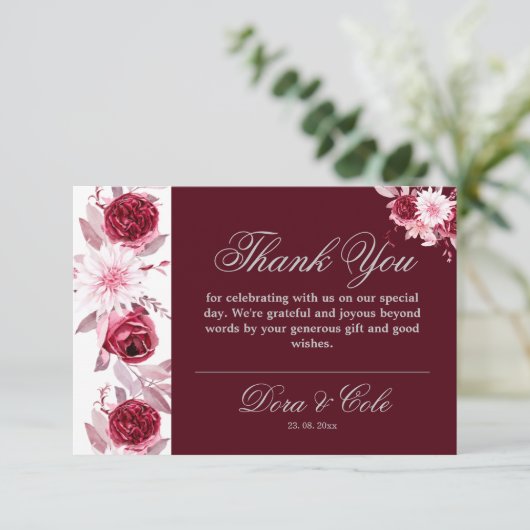 Elegant Waterverf Floral Blush Burgundy Wedding Bedankkaart (Staand voorkant)