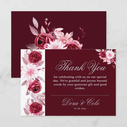 Elegant Waterverf Floral Blush Burgundy Wedding Bedankkaart (Voorkant / Achterkant)