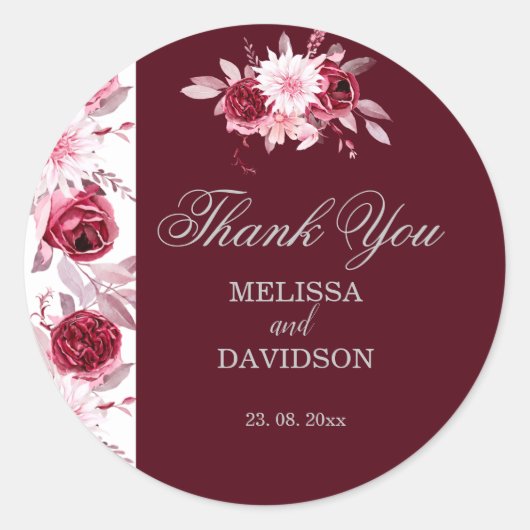Elegant Waterverf Floral Blush Burgundy Wedding Ronde Sticker (Voorkant)