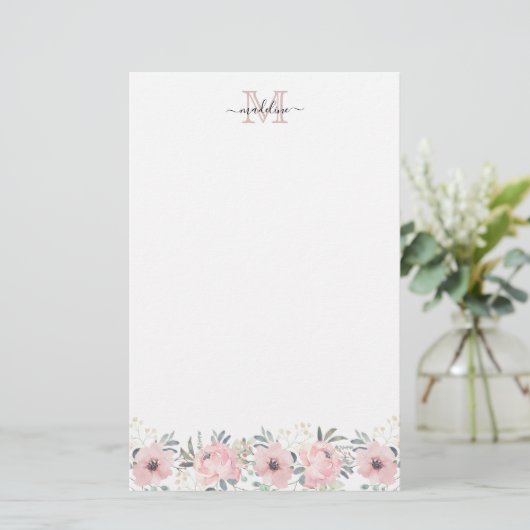 Elegant Waterverf Floral Blush Pink Monogram Briefpapier (Staand voorkant)