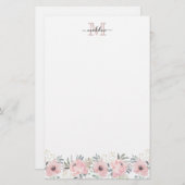 Elegant Waterverf Floral Blush Pink Monogram Briefpapier (Voorkant / Achterkant)