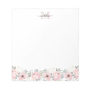 Elegant Waterverf Floral Blush Pink Monogram Notitieblok