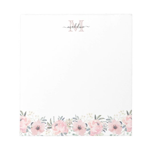 Elegant Waterverf Floral Blush Pink Monogram Notitieblok (Voorkant)