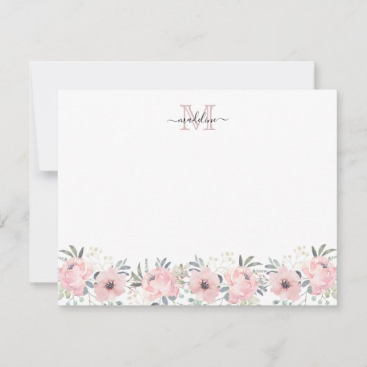 Elegant Waterverf Floral Blush Pink Monogram Notitiekaartje (Voorkant)