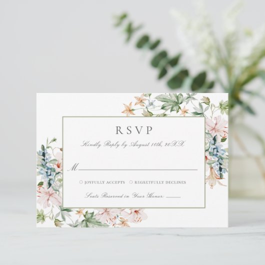 Elegant Waterverf Floral Border Wedding RSVP Kaartje (Staand voorkant)