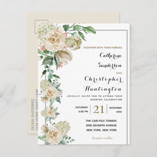 Elegant Waterverf Floral Botanical Wedding Uitnodiging Briefkaart (Voorkant / Achterkant)