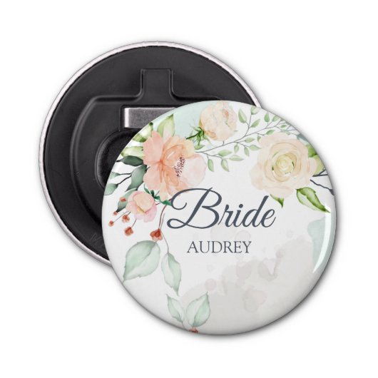 Elegant Waterverf Floral Bride gepersonaliseerd Button Flesopener (Voorkant)