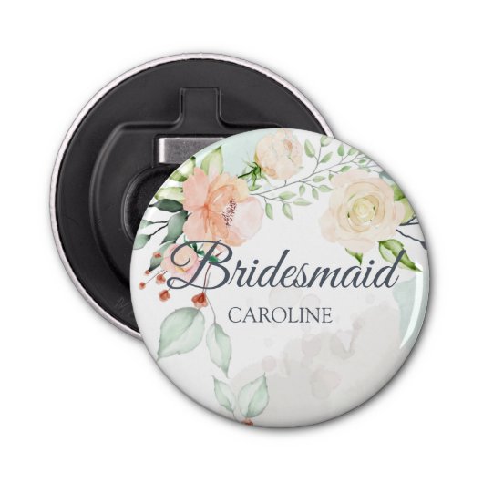 Elegant Waterverf Floral Bridesmaid Personeelsform Button Flesopener (Voorkant)