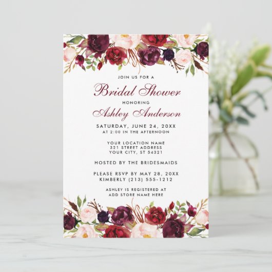 Elegant Waterverf Floral Burgundy Vrijgezellenfees Kaart (Staand voorkant)