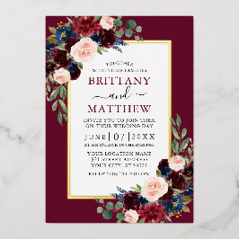 Elegant Waterverf Floral Burgundy Wedding Gold Folie Uitnodiging
