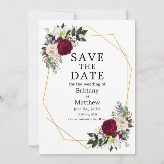 Elegant Waterverf Floral Burgundy White Geo Lijst Save The Date (Voorkant)