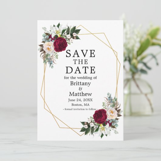 Elegant Waterverf Floral Burgundy White Geo Lijst Save The Date (Staand voorkant)