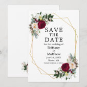 Elegant Waterverf Floral Burgundy White Geo Lijst Save The Date (Voorkant / Achterkant)