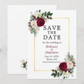Elegant Waterverf Floral Burgundy White Gold Save The Date (Voorkant / Achterkant)