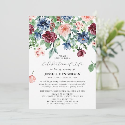 Elegant Waterverf Floral Celebration of Life Kaart (Staand voorkant)