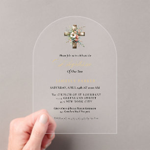 Elegant Waterverf Floral Cross Baptisme Acryl Uitnodigingen