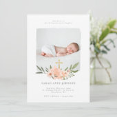 Elegant Waterverf Floral Cross Baptisme Foto Kaart (Staand voorkant)