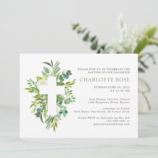 Elegant Waterverf Floral Cross Baptisme Kaart (Staand voorkant)