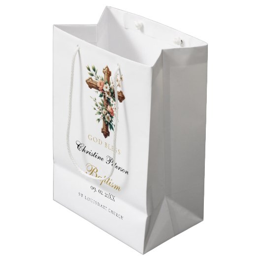 Elegant Waterverf Floral Cross Baptisme Medium Cadeauzakje (Voorkant Gekanteld)