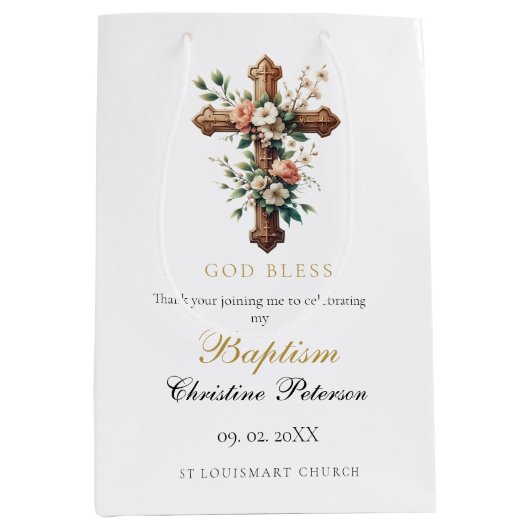 Elegant Waterverf Floral Cross Baptisme Medium Cadeauzakje (Voorkant)