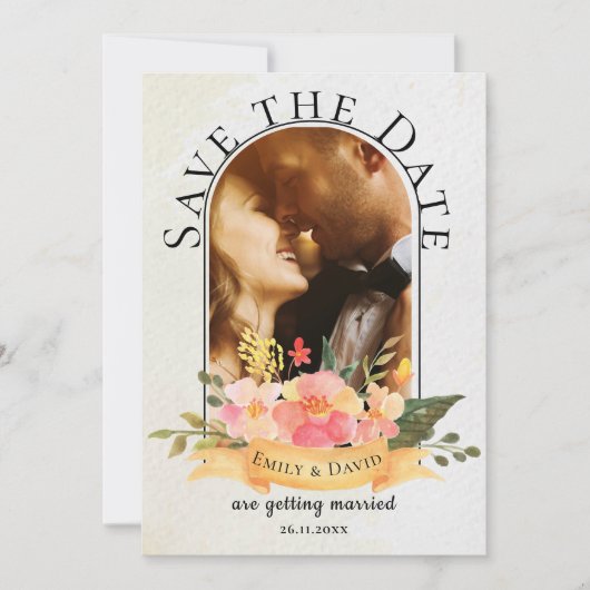 Elegant Waterverf Floral Cute Photo Wedding Aankondiging (Voorkant)