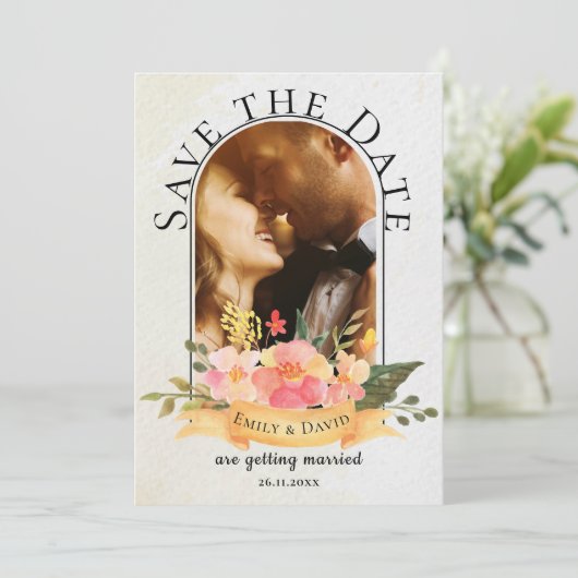 Elegant Waterverf Floral Cute Photo Wedding Aankondiging (Staand voorkant)