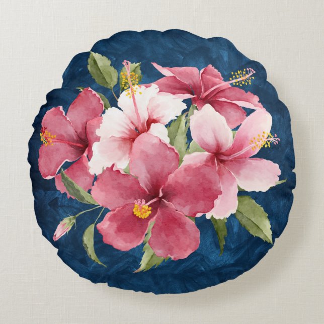 Elegant waterverf floral deep blue marmer rond kussen (Voorkant)
