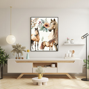 Elegant Waterverf Floral-Dresse paarden Canvas Afdruk