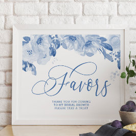 Elegant Waterverf Floral Dusty Blue Favors Sign Poster