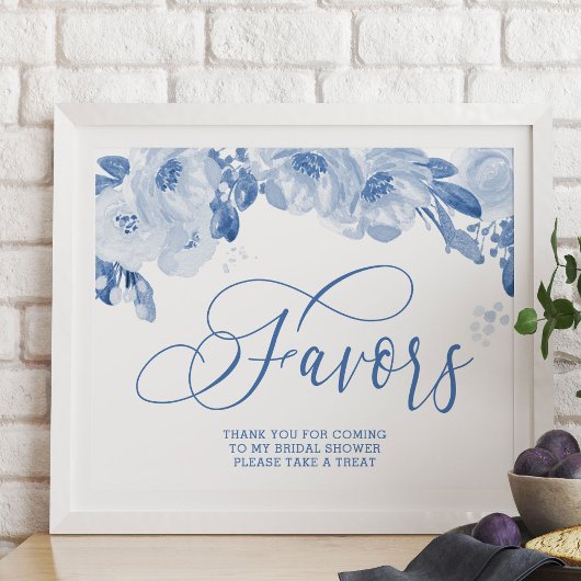 Elegant Waterverf Floral Dusty Blue Favors Sign Poster