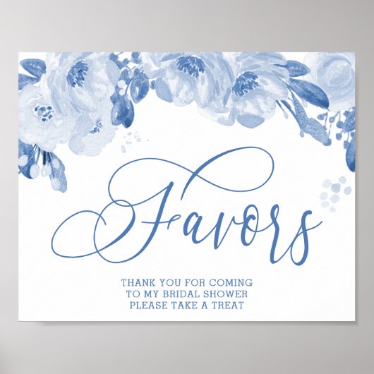 Elegant Waterverf Floral Dusty Blue Favors Sign Poster (Voorkant)
