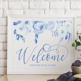 Elegant Waterverf Floral Dusty Blue Welcome Sign Poster
