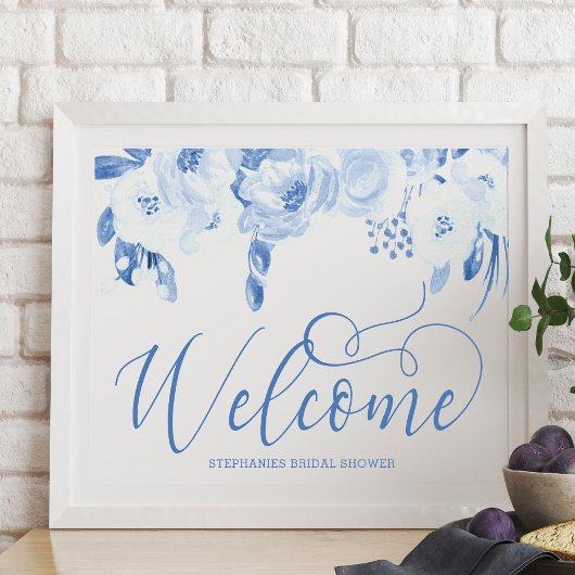 Elegant Waterverf Floral Dusty Blue Welcome Sign Poster