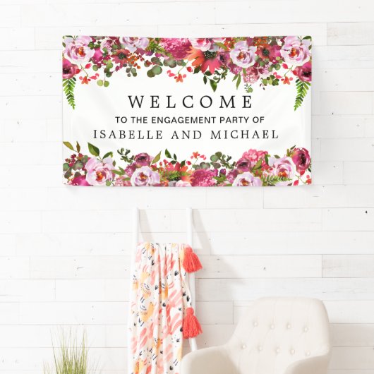 Elegant Waterverf Floral Engagement Party Welkom Spandoek (Insitu)