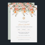 Elegant Waterverf Floral Garden Bat Mitzvah Kaart<br><div class="desc">Deze elegante Bat Mitzvah-uitnodiging heeft een mooie waterverf koraal en oranje bloemtuin. Het is delicaat en modern met het debietschrift en de gouden ster van David. Het past perfect bij elke tuin of botanische benaming Bat Mitzvah.</div>