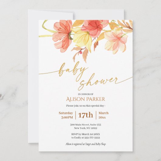 Elegant Waterverf Floral Gold Script Baby shower Kaart (Voorkant)