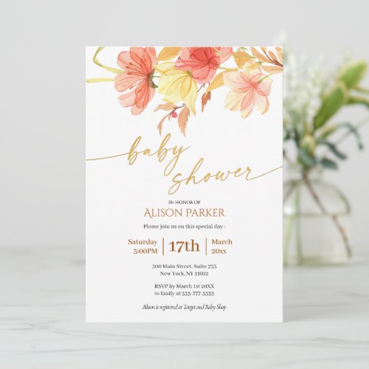 Elegant Waterverf Floral Gold Script Baby shower Kaart (Staand voorkant)