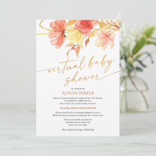 Elegant Waterverf Floral Gold Script Virtueel Kaart (Staand voorkant)