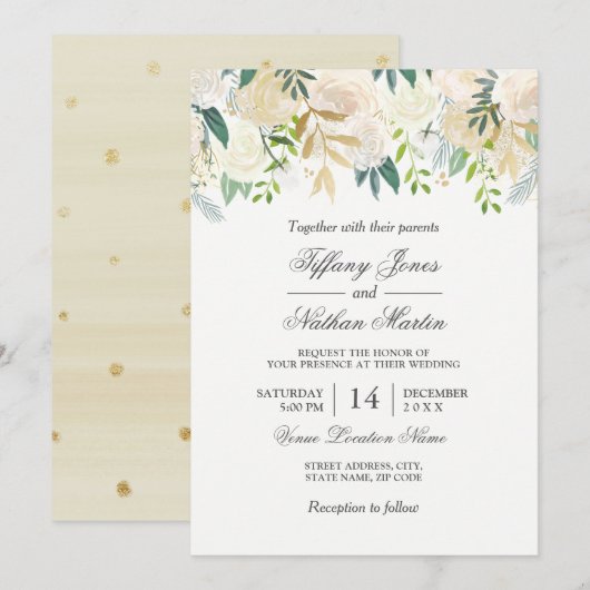 Elegant Waterverf Floral Gold Wedding Invitation Kaart (Voorkant / Achterkant)