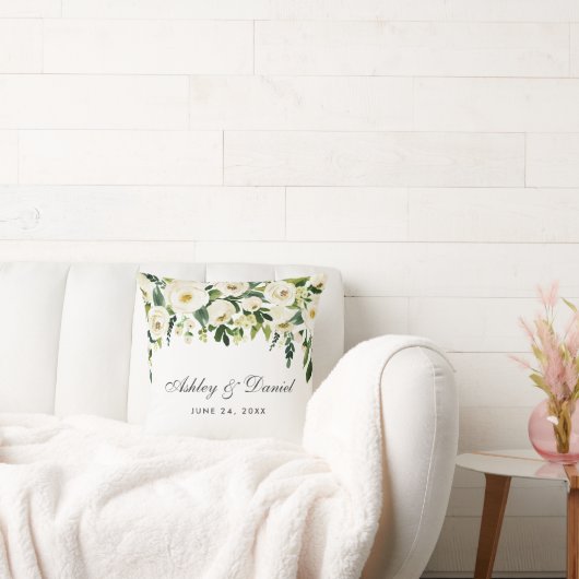 Elegant Waterverf Floral Green White Wedding Kussen (Bank)