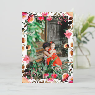 Elegant Waterverf Floral Greenery Foto Red Pink Feestdagenkaart