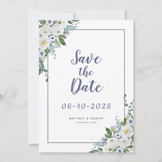 Elegant Waterverf Floral Greenery Wedding Blue Save The Date (Voorkant)