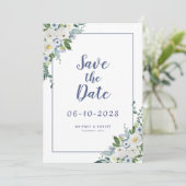 Elegant Waterverf Floral Greenery Wedding Blue Save The Date (Staand voorkant)