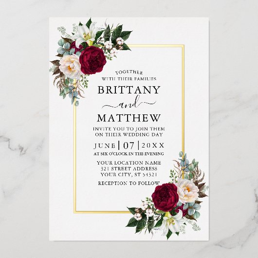 Elegant Waterverf Floral Greenery Wedding Gold Folie Uitnodiging (Voorkant)