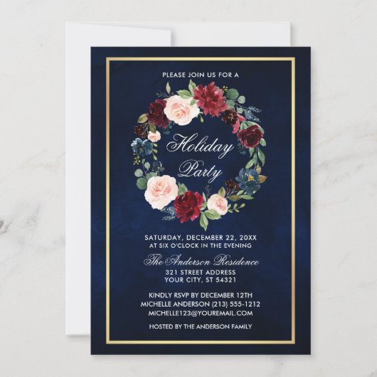 Elegant Waterverf Floral Holiday Party Gold Kaart (Voorkant)