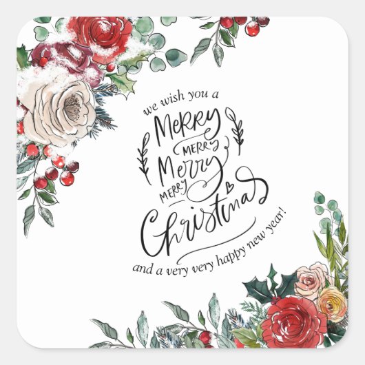 Elegant Waterverf Floral Holly Merry kerst Vierkante Sticker (Voorkant)