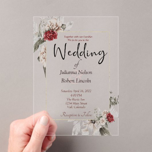 Elegant waterverf floral in red en mist bruiloft acryl uitnodigingen (Insitu (Draagbaar))